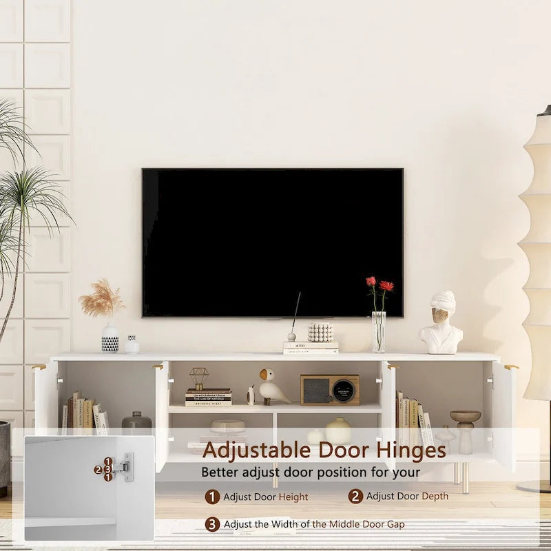 Meuble TV blanc cannelé 68 avec prise de courant, meuble TV avec portes de rangement, meuble média console TV, pour TV de 55+ pouces