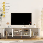 Meuble TV blanc cannelé 68 avec prise de courant, meuble TV avec portes de rangement, meuble média console TV, pour TV de 55+ pouces