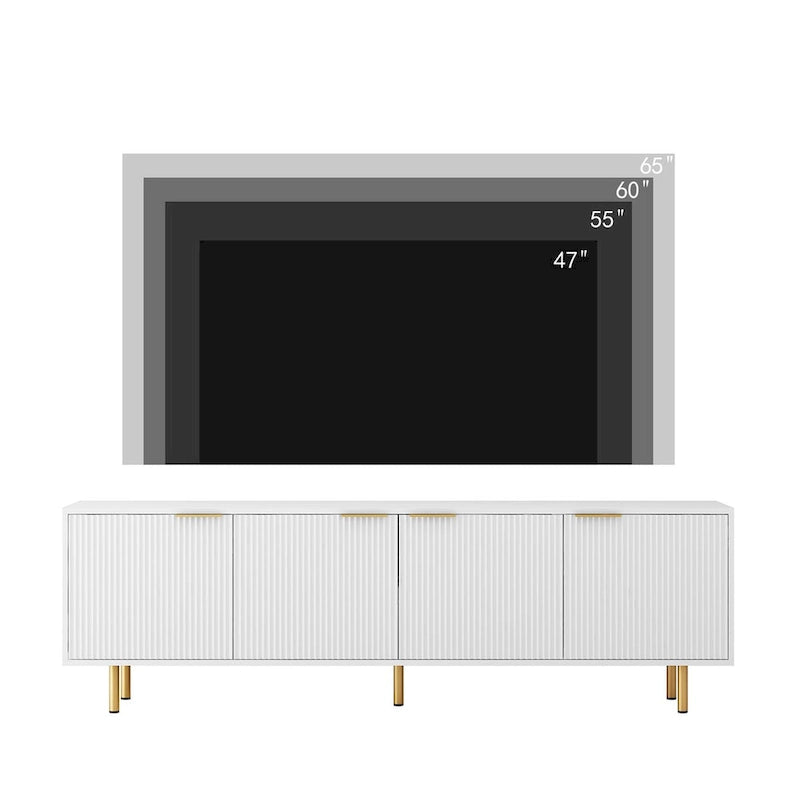 Meuble TV blanc cannelé 68 avec prise de courant, meuble TV avec portes de rangement, meuble média console TV, pour TV de 55+ pouces