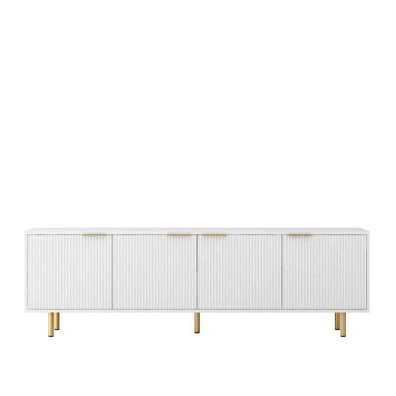 Meuble TV blanc cannelé 68 avec prise de courant, meuble TV avec portes de rangement, meuble média console TV, pour TV de 55+ pouces