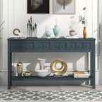 Console de d'entrée rustique, table de canapé de 152 cm de long avec deux tiroirs de tailles différentes et étagère inférieure pour le rangement
