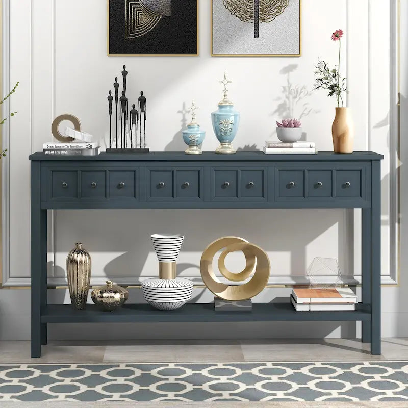 Console de d'entrée rustique, table de canapé de 152 cm de long avec deux tiroirs de tailles différentes et étagère inférieure pour le rangement