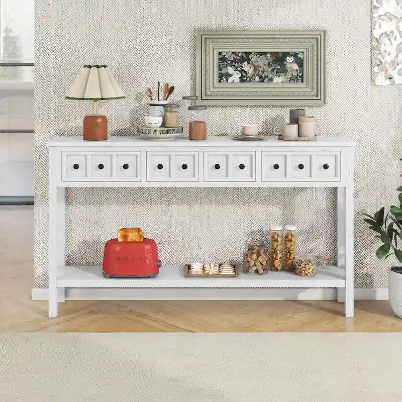 Console de d'entrée rustique, table de canapé de 152 cm de long avec deux tiroirs de tailles différentes et étagère inférieure pour le rangement