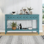 Console de d'entrée rustique, table de canapé de 152 cm de long avec deux tiroirs de tailles différentes et étagère inférieure pour le rangement