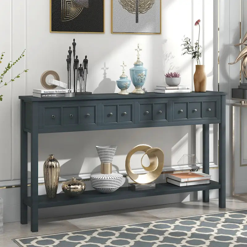 Console de d'entrée rustique, table de canapé de 152 cm de long avec deux tiroirs de tailles différentes et étagère inférieure pour le rangement