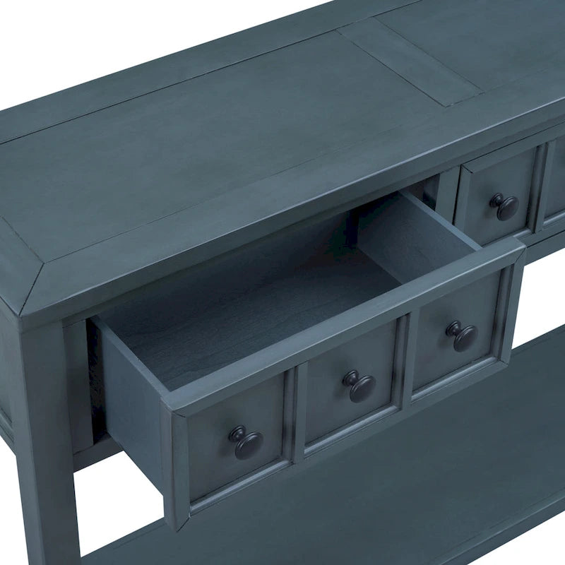 Console de d'entrée rustique, table de canapé de 152 cm de long avec deux tiroirs de tailles différentes et étagère inférieure pour le rangement