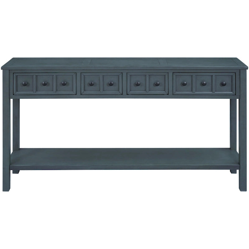 Console de d'entrée rustique, table de canapé de 152 cm de long avec deux tiroirs de tailles différentes et étagère inférieure pour le rangement