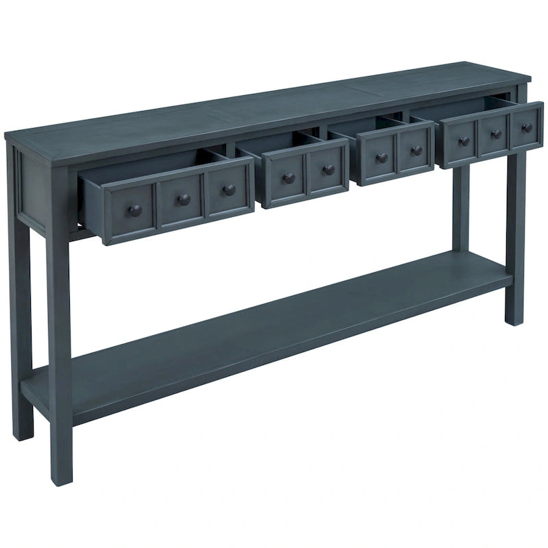 Console de d'entrée rustique, table de canapé de 152 cm de long avec deux tiroirs de tailles différentes et étagère inférieure pour le rangement