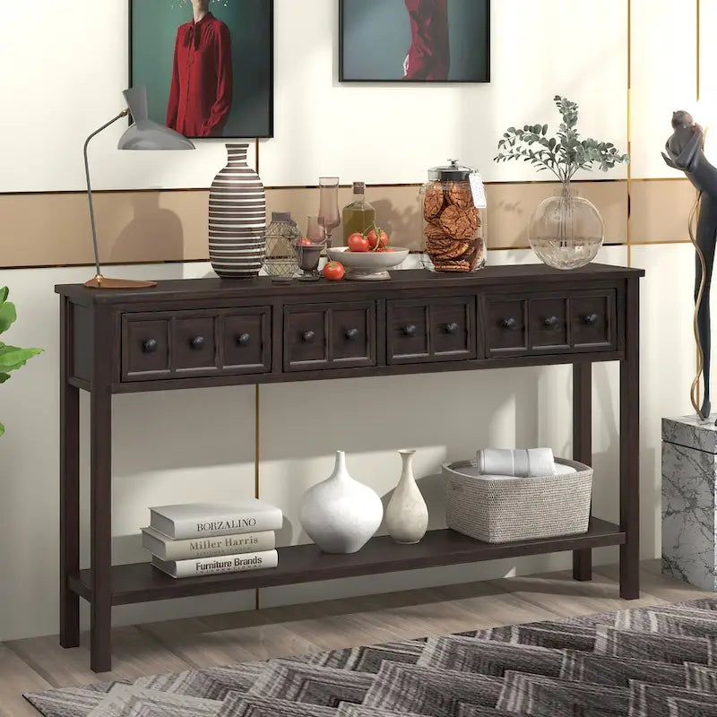 Console de d'entrée rustique, table de canapé de 152 cm de long avec deux tiroirs de tailles différentes et étagère inférieure pour le rangement