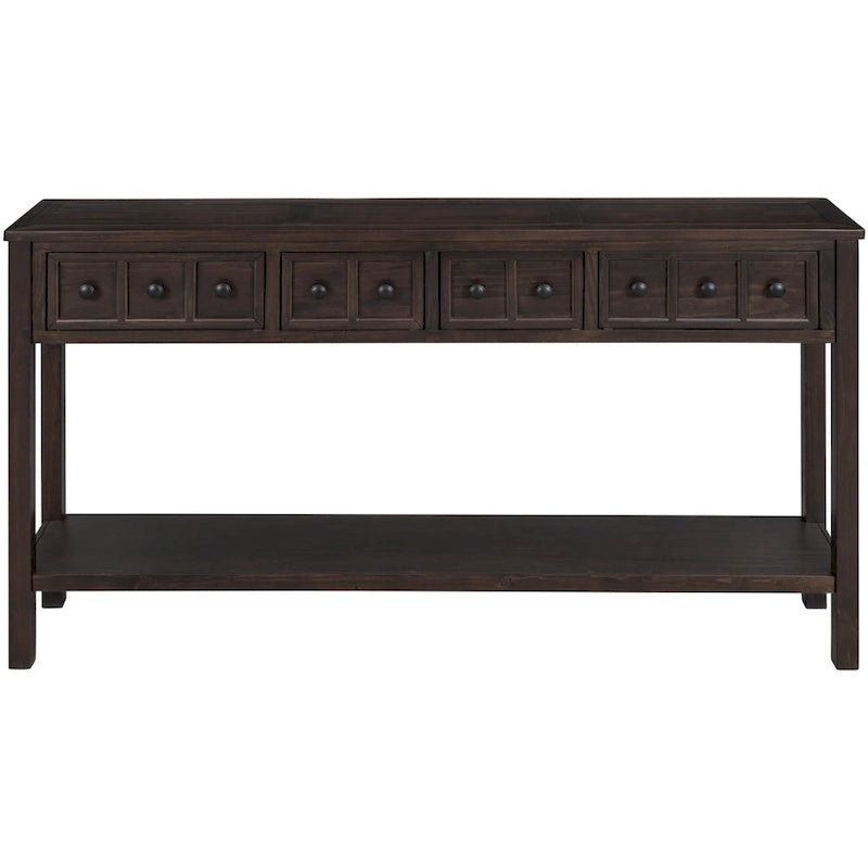 Console de d'entrée rustique, table de canapé de 152 cm de long avec deux tiroirs de tailles différentes et étagère inférieure pour le rangement