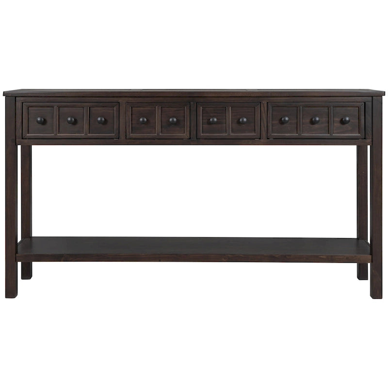 Console de d'entrée rustique, table de canapé de 152 cm de long avec deux tiroirs de tailles différentes et étagère inférieure pour le rangement