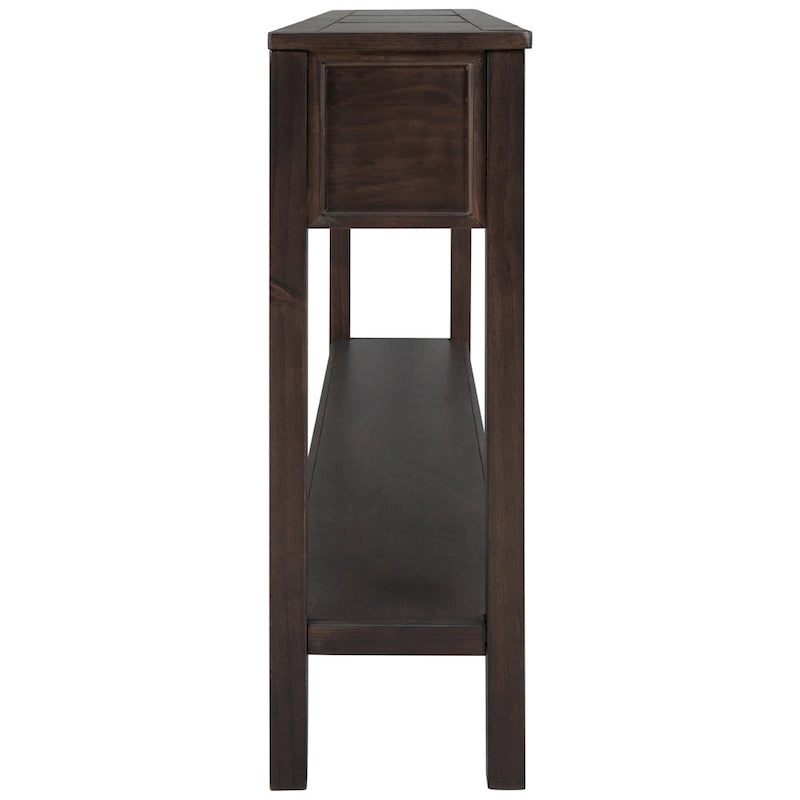 Console de d'entrée rustique, table de canapé de 152 cm de long avec deux tiroirs de tailles différentes et étagère inférieure pour le rangement