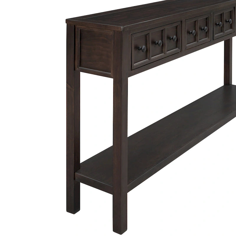 Console de d'entrée rustique, table de canapé de 152 cm de long avec deux tiroirs de tailles différentes et étagère inférieure pour le rangement