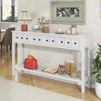 Console de d'entrée rustique, table de canapé de 152 cm de long avec deux tiroirs de tailles différentes et étagère inférieure pour le rangement