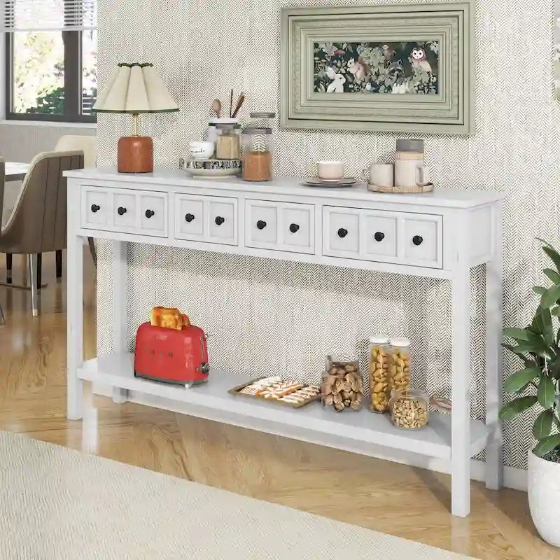 Console de d'entrée rustique, table de canapé de 152 cm de long avec deux tiroirs de tailles différentes et étagère inférieure pour le rangement