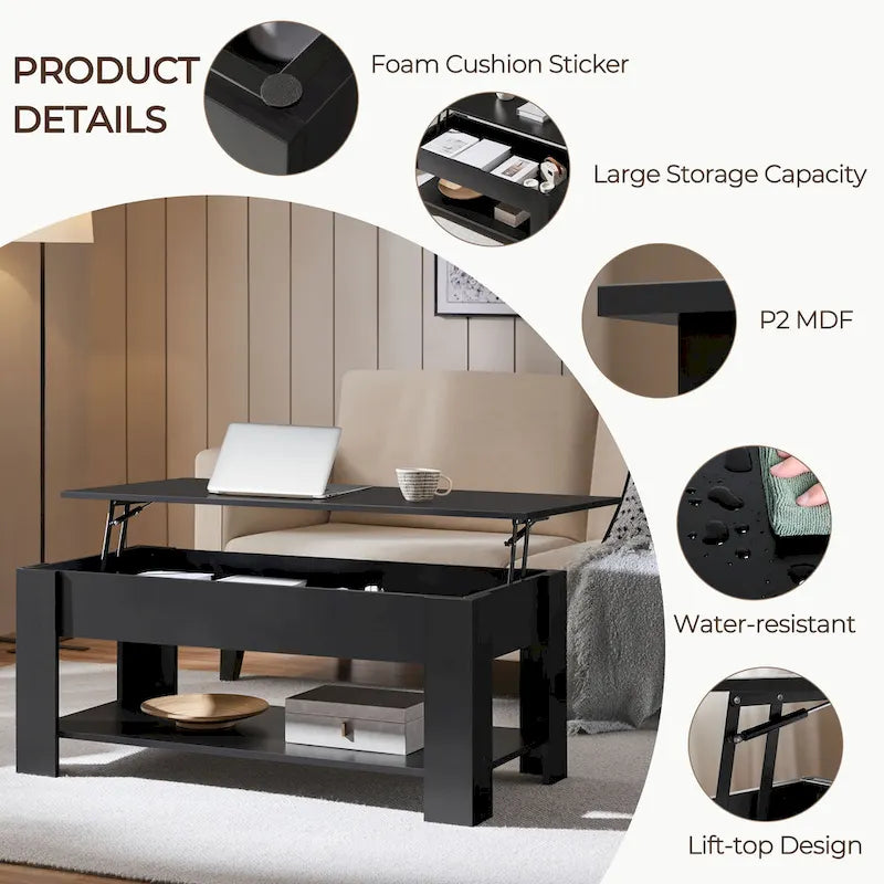 Table Basse Relevable Yaheetech 47,5", Compartiment Caché/Étagère Ouverte