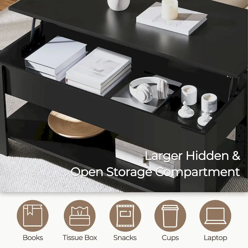 Table Basse Relevable Yaheetech 47,5", Compartiment Caché/Étagère Ouverte