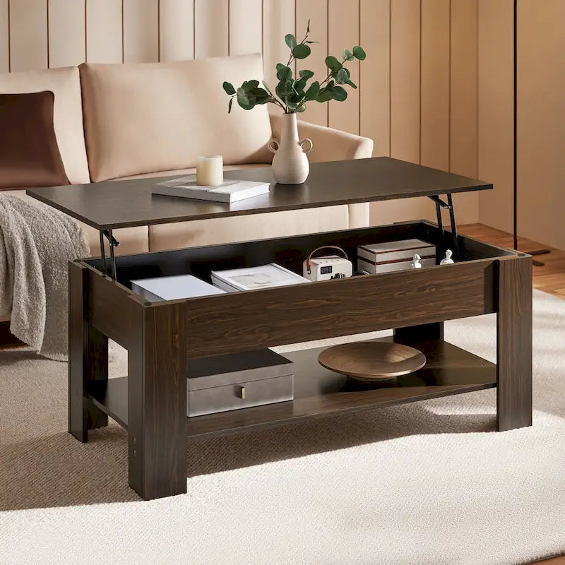 Table Basse Relevable Yaheetech 47,5", Compartiment Caché/Étagère Ouverte