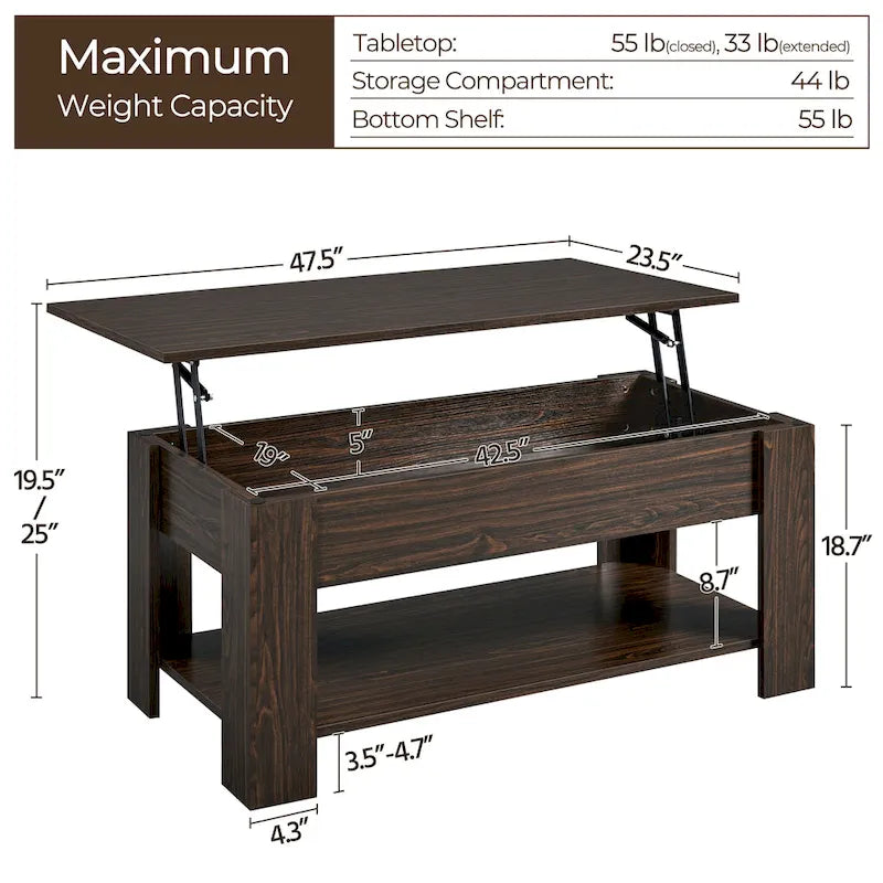 Table Basse Relevable Yaheetech 47,5", Compartiment Caché/Étagère Ouverte