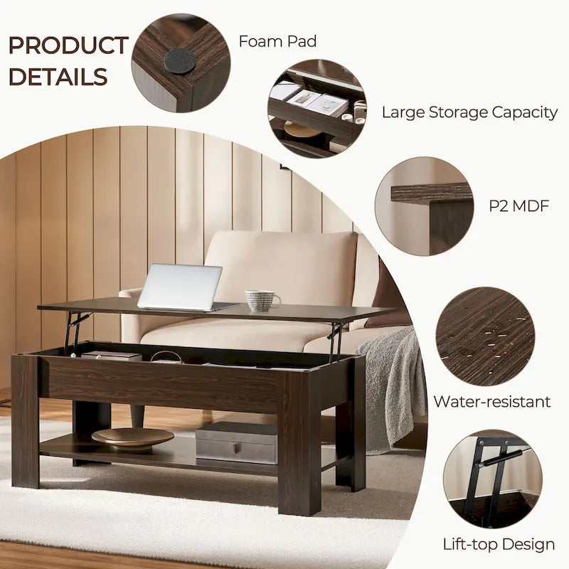 Table Basse Relevable Yaheetech 47,5", Compartiment Caché/Étagère Ouverte