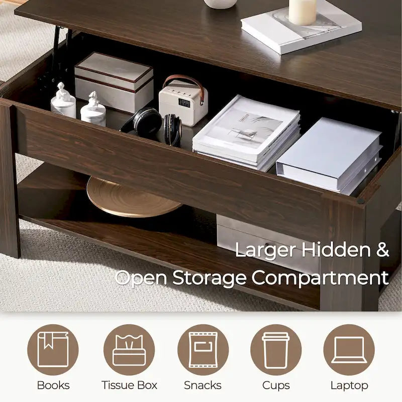 Table Basse Relevable Yaheetech 47,5", Compartiment Caché/Étagère Ouverte