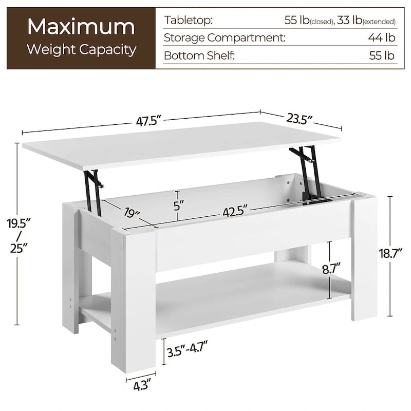 Table Basse Relevable Yaheetech 47,5", Compartiment Caché/Étagère Ouverte