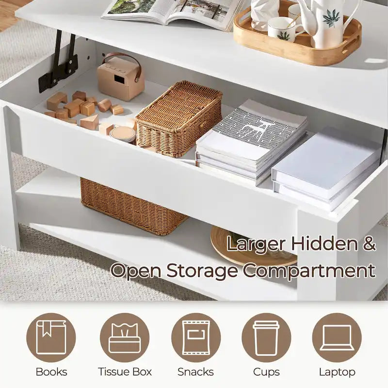 Table Basse Relevable Yaheetech 47,5", Compartiment Caché/Étagère Ouverte