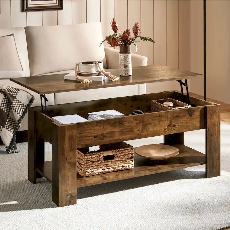Table Basse Relevable Yaheetech 47,5", Compartiment Caché/Étagère Ouverte