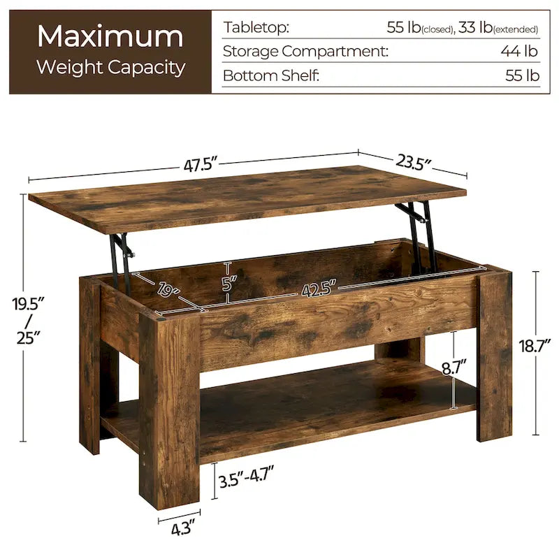Table Basse Relevable Yaheetech 47,5", Compartiment Caché/Étagère Ouverte