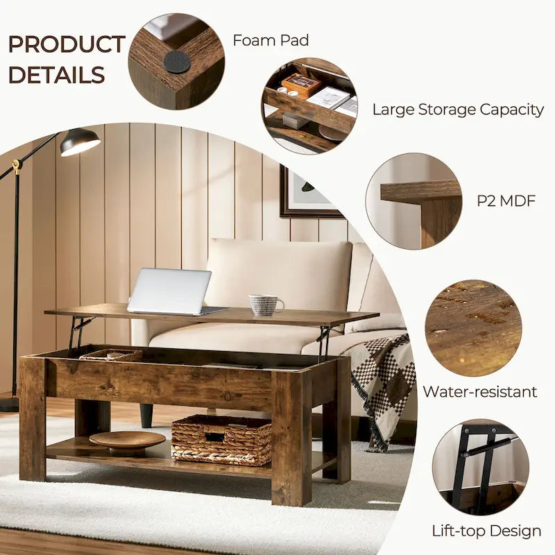 Table Basse Relevable Yaheetech 47,5", Compartiment Caché/Étagère Ouverte