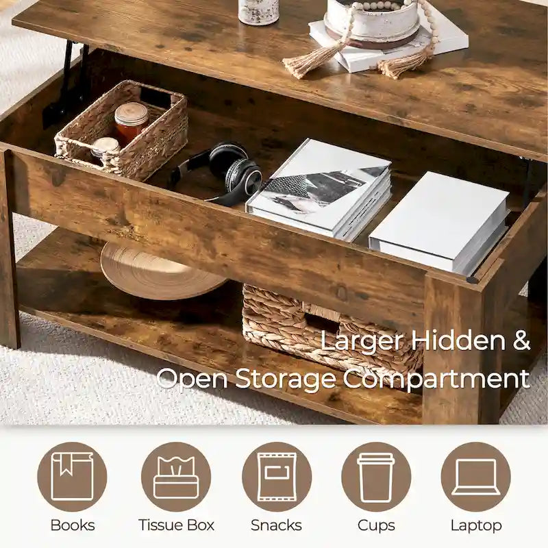 Table Basse Relevable Yaheetech 47,5", Compartiment Caché/Étagère Ouverte