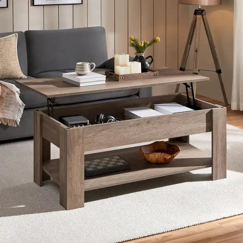 Table Basse Relevable Yaheetech 47,5", Compartiment Caché/Étagère Ouverte