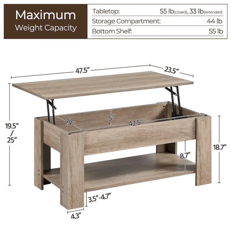 Table Basse Relevable Yaheetech 47,5", Compartiment Caché/Étagère Ouverte