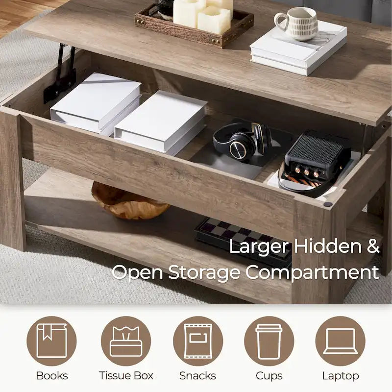 Table Basse Relevable Yaheetech 47,5", Compartiment Caché/Étagère Ouverte
