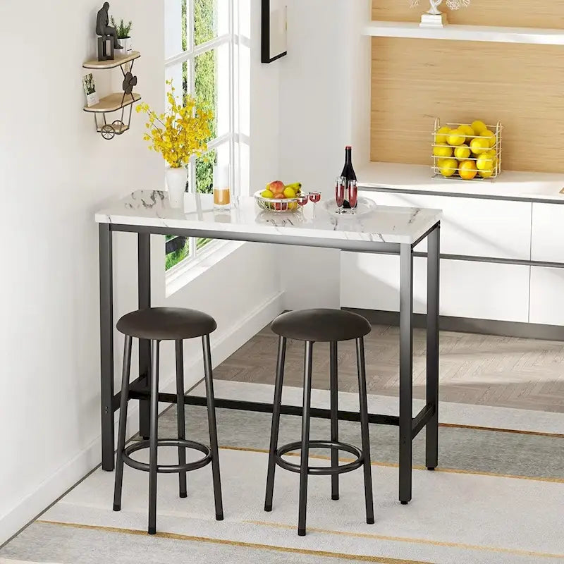 Ensemble de salle à manger 3 pièces pour cuisine et bar, table de bistrot moderne à hauteur de comptoir effet marbre avec 2 tabourets de bar en cuir PU