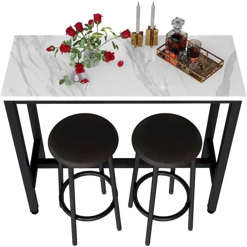 Ensemble de salle à manger 3 pièces pour cuisine et bar, table de bistrot moderne à hauteur de comptoir effet marbre avec 2 tabourets de bar en cuir PU