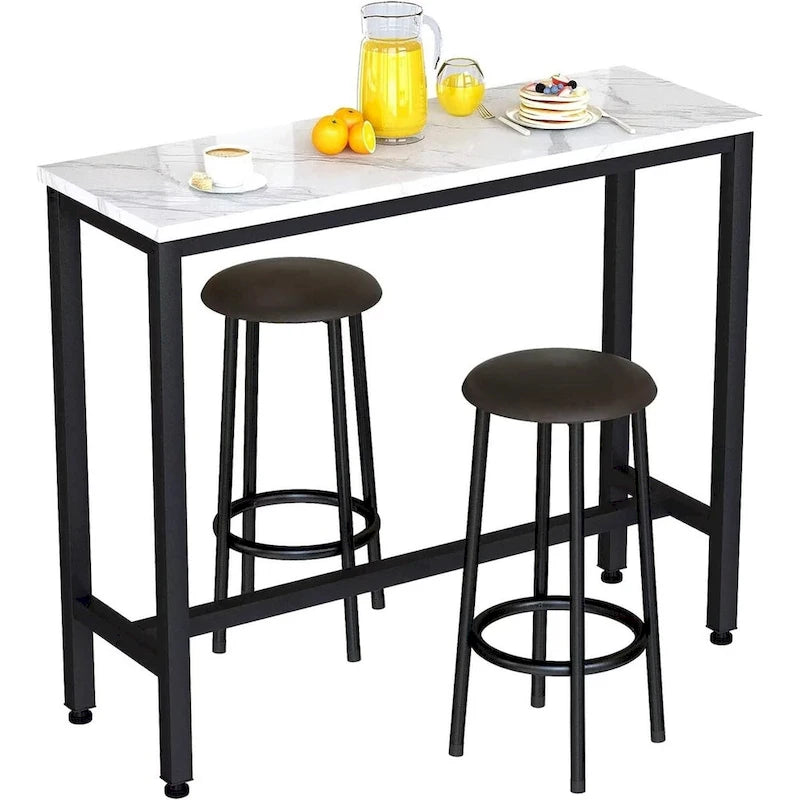 Ensemble de salle à manger 3 pièces pour cuisine et bar, table de bistrot moderne à hauteur de comptoir effet marbre avec 2 tabourets de bar en cuir PU