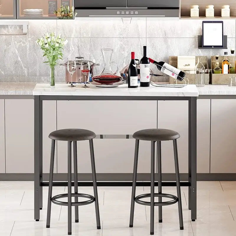 Ensemble de salle à manger 3 pièces pour cuisine et bar, table de bistrot moderne à hauteur de comptoir effet marbre avec 2 tabourets de bar en cuir PU