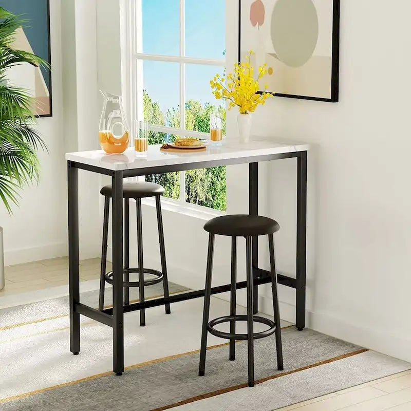 Ensemble de salle à manger 3 pièces pour cuisine et bar, table de bistrot moderne à hauteur de comptoir effet marbre avec 2 tabourets de bar en cuir PU