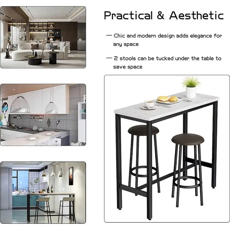 Ensemble de salle à manger 3 pièces pour cuisine et bar, table de bistrot moderne à hauteur de comptoir effet marbre avec 2 tabourets de bar en cuir PU