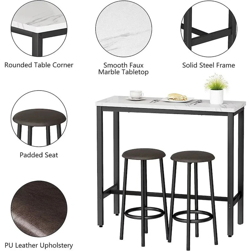Ensemble de salle à manger 3 pièces pour cuisine et bar, table de bistrot moderne à hauteur de comptoir effet marbre avec 2 tabourets de bar en cuir PU