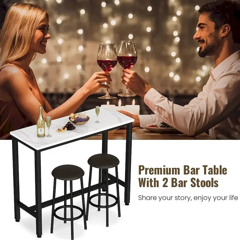 Ensemble de salle à manger 3 pièces pour cuisine et bar, table de bistrot moderne à hauteur de comptoir effet marbre avec 2 tabourets de bar en cuir PU