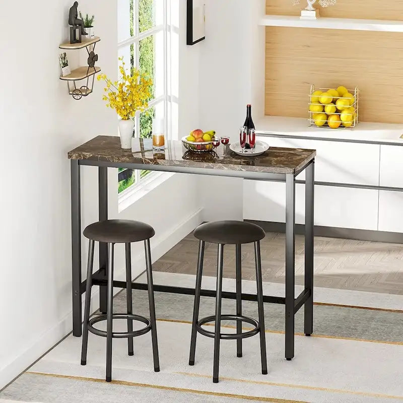 Ensemble de salle à manger 3 pièces pour cuisine et bar, table de bistrot moderne à hauteur de comptoir effet marbre avec 2 tabourets de bar en cuir PU