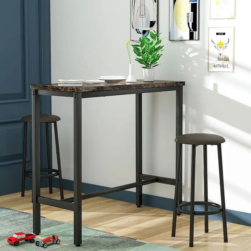 Ensemble de salle à manger 3 pièces pour cuisine et bar, table de bistrot moderne à hauteur de comptoir effet marbre avec 2 tabourets de bar en cuir PU