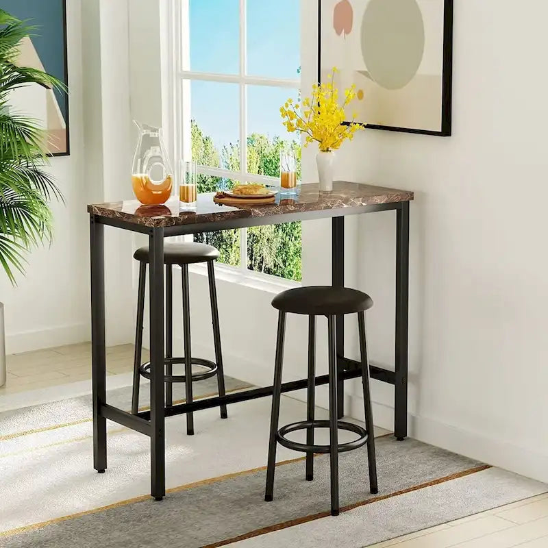 Ensemble de salle à manger 3 pièces pour cuisine et bar, table de bistrot moderne à hauteur de comptoir effet marbre avec 2 tabourets de bar en cuir PU