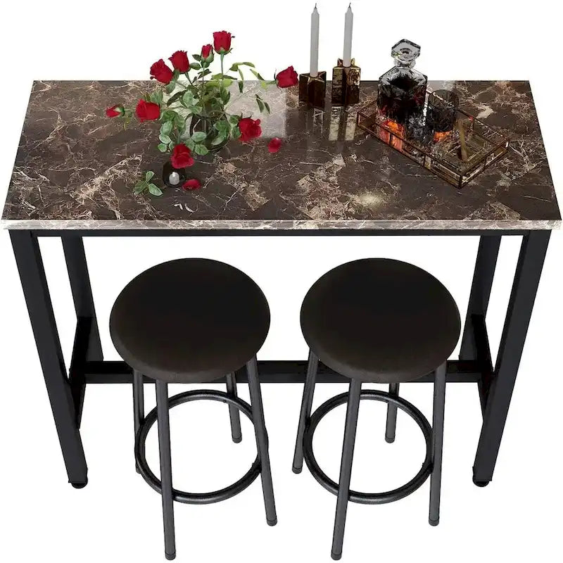 Ensemble de salle à manger 3 pièces pour cuisine et bar, table de bistrot moderne à hauteur de comptoir effet marbre avec 2 tabourets de bar en cuir PU