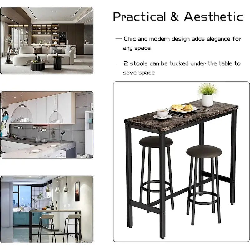 Ensemble de salle à manger 3 pièces pour cuisine et bar, table de bistrot moderne à hauteur de comptoir effet marbre avec 2 tabourets de bar en cuir PU
