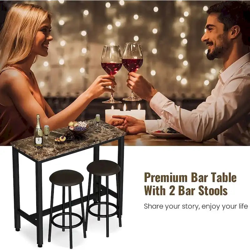 Ensemble de salle à manger 3 pièces pour cuisine et bar, table de bistrot moderne à hauteur de comptoir effet marbre avec 2 tabourets de bar en cuir PU