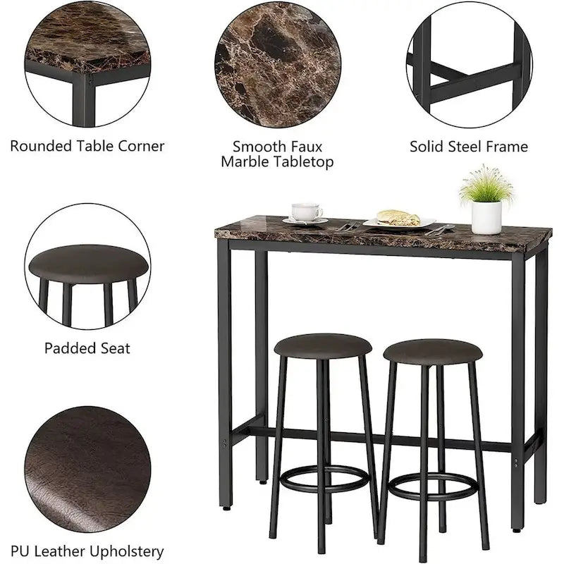 Ensemble de salle à manger 3 pièces pour cuisine et bar, table de bistrot moderne à hauteur de comptoir effet marbre avec 2 tabourets de bar en cuir PU