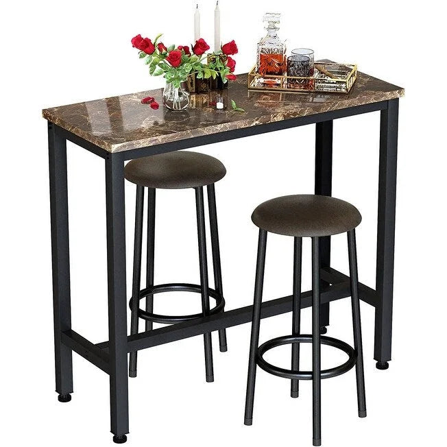 Ensemble de salle à manger 3 pièces pour cuisine et bar, table de bistrot moderne à hauteur de comptoir effet marbre avec 2 tabourets de bar en cuir PU